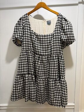 ARULA Cream and Black Mini Dress with Houndstooth Trim